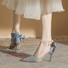 Women's French Style Pearl Pointed Stiletto Heel Bride Wedding High Heels Shoes
