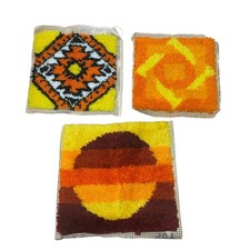 Vintage Latch Hook Rug Squares Lot 3 Orange Yellow Geometric Wall Art Panels