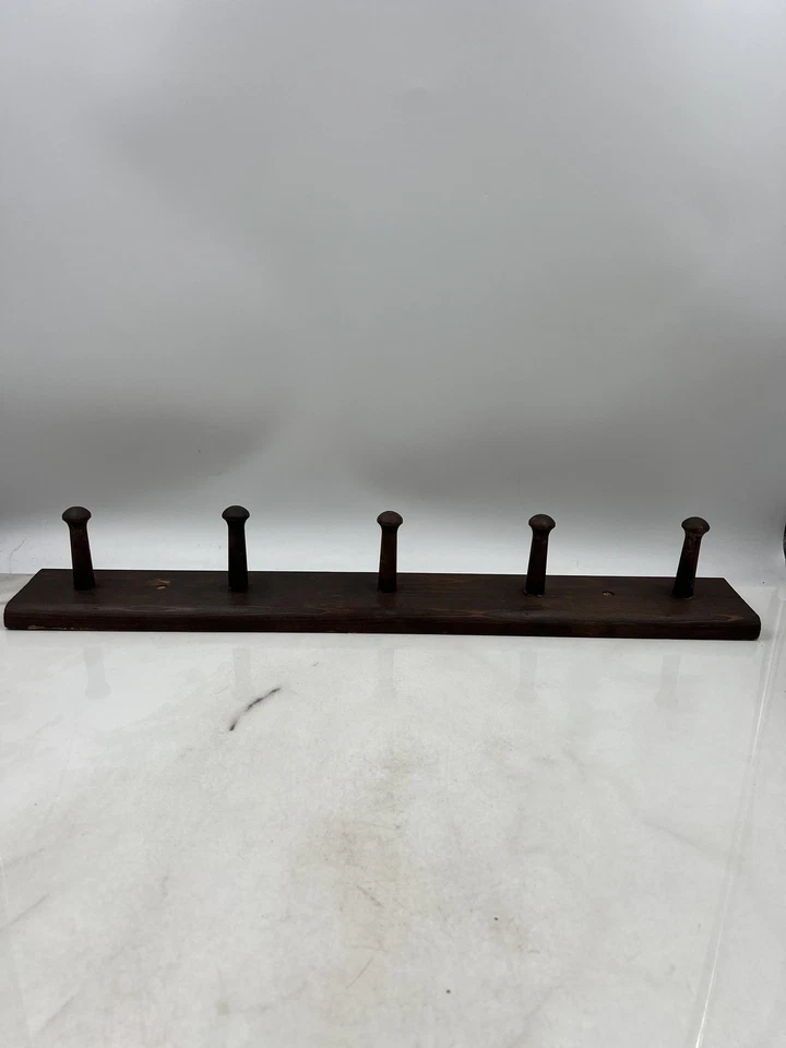 Estante de clavijas de madera vintage montado en la pared 6 ganchos abrigo sombrero soporte para llaves madera oscura 24 pulgadas Foto 3 de 4