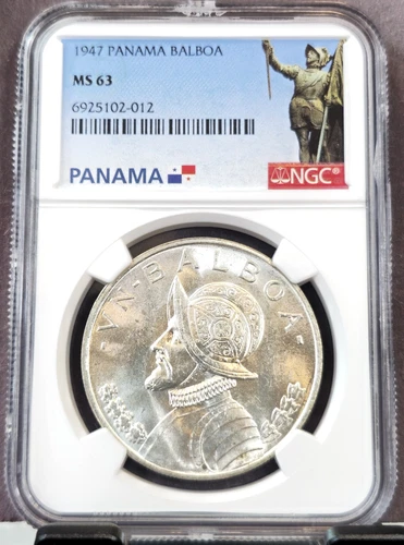 1947 PANAMA SILVER 1 BALBOA VASCO NUNEZ DE BALBOA NGC MS 63 GREAT LUSTER