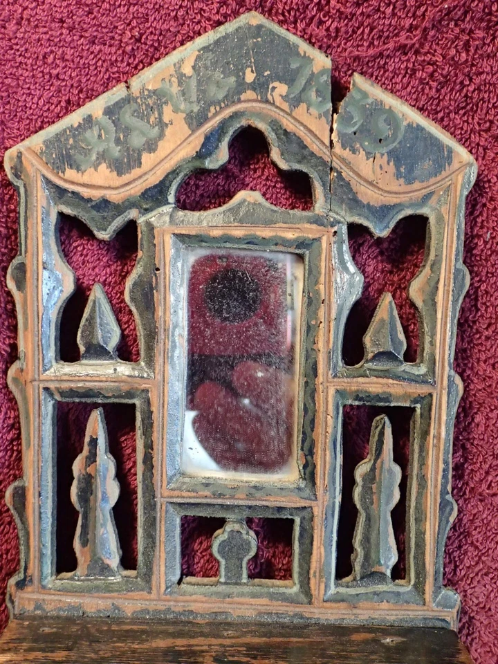 SMALLER ANTIQUE HANDMADE HANGING WOOD SHELF w MIRROR FOLK ART SWEDEN SWEDISH - Image 2 of 4