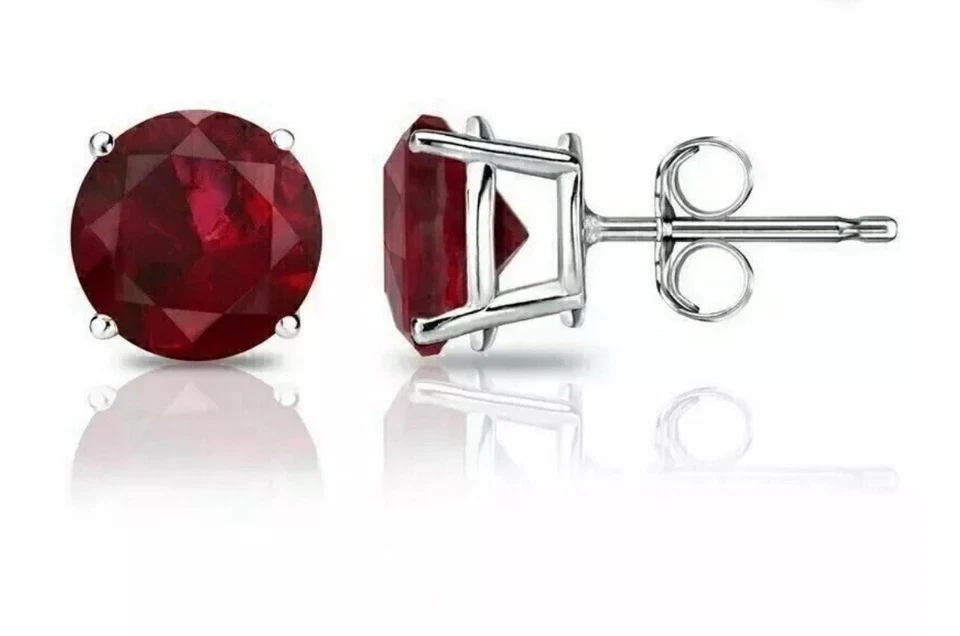4 CT LAB CREATED RED RUBY STUD EARRINGS 14K WHITE GOLD ROUND CUT 7MM PUSH BACK - Image 4 of 4