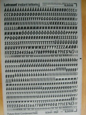 1 x Letraset Upp/Low/Num FUTURA BOLD CONDEN ITALIC 36pt 9,3mm Bogen IL5008 (R)