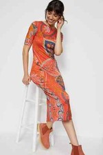 Farm Rio Anthropologie Giannina Knit Midi Dress Printed Orange Zip Size Large