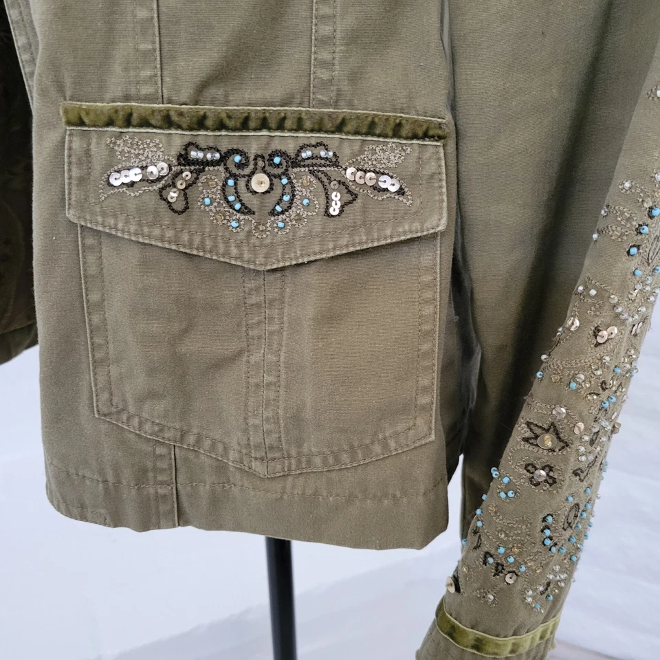 Blazer Mujer Chaqueta Utilitaria Pequeño Abrigo Verde Ejército Boho Cuentas Botón Algodón Foto 4 de 4