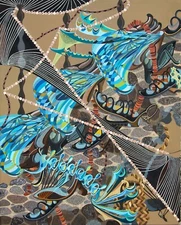 Abstract kinetic futurism acrylic blue  gold  staircase shoes 24 x 32