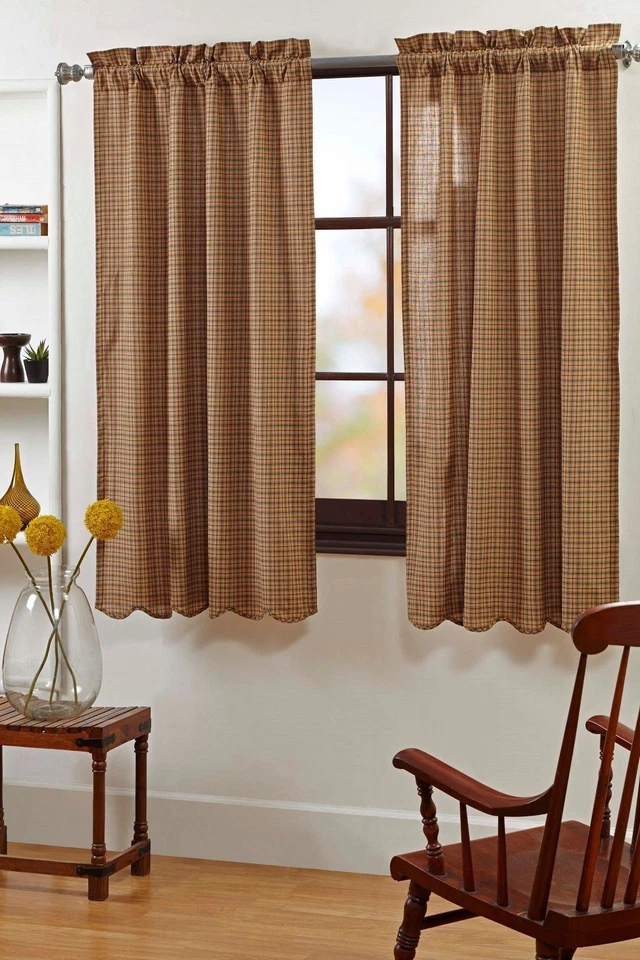 63"L Lodge-Style Lined Curtains Red Navy Tan Plaid Cotton w/ Tie Backs Millsboro - Image 4 of 4