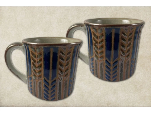 Vintage Set Of 2 Handmade Blue & Brown Ceramic Mugs With Textured Wheat Pattern