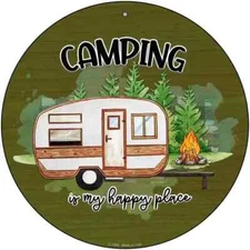 Camping Is My Happy Place Novelty Round Circular Metal Sign 8" Home Garage Wall