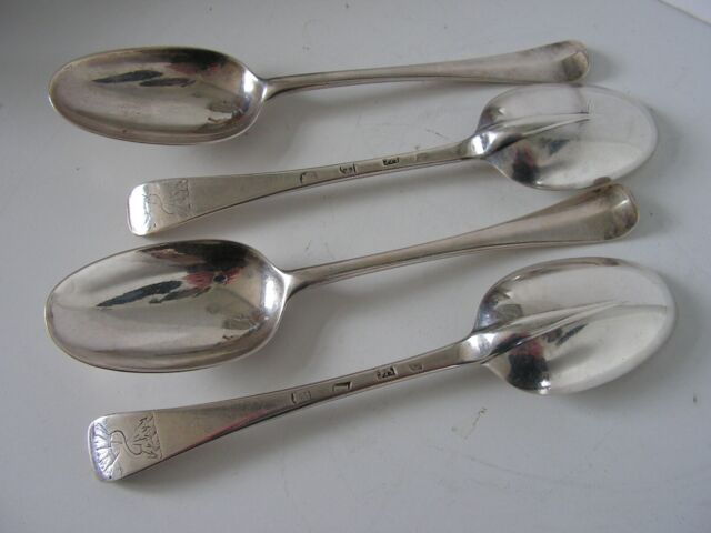 SET of 4 ANTIQUE GEORGE I SOLID SILVER 18TH HANOVERIAN RATTAIL TABLE SPOONS 1721