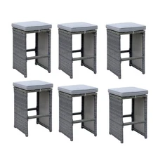 Benzara 6 Piece Patio Bar Stool In Aluminum Wicker Frame And Padded Fabric Seat,