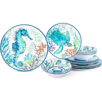 12-Piece Melamine Beach Dinnerware Set, Coastal Plates and Bowls Sets, Oceanic
