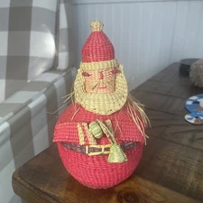 Santa Claus 2 Piece Christmas Basket Primitive Woven Straw Hay Wicker Ornamental