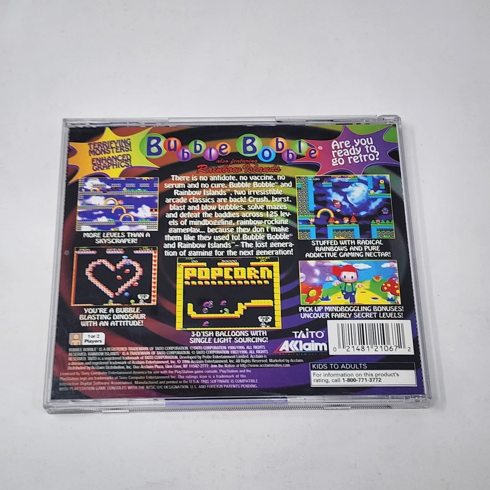 Bubble Bobble: Feat. Rainbow Islands (Playstation PS1) CIB w/ Reg Card - Tested - Image 3 of 4