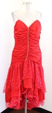 Vtg 70s Red Ruffle Tiered Lace Hi Lo Ruched Party Prom Dress Size 15 M L ? 