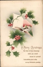 XMAS Merry Christmas Holly & Berries with Village Scene Open Book 1912 Hoods,PA