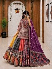Purple Indian Heavy Muslin Cotton Lehenga Choli Blouse Piece Dupatta Set