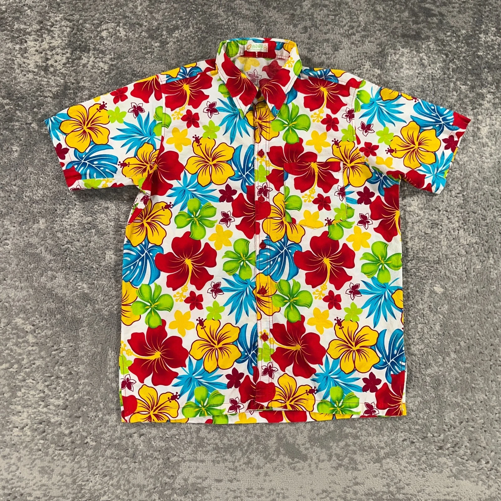 Khamlaingaen Hawaiian Shirt Mens Medium M White Floral Hibiscus Print Camp Party