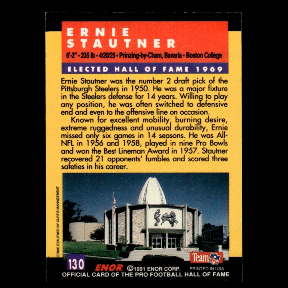 Ernie Stautner #130 1991 ENOR Pro Football HOF Football Card NFL NM - Image 2 of 3