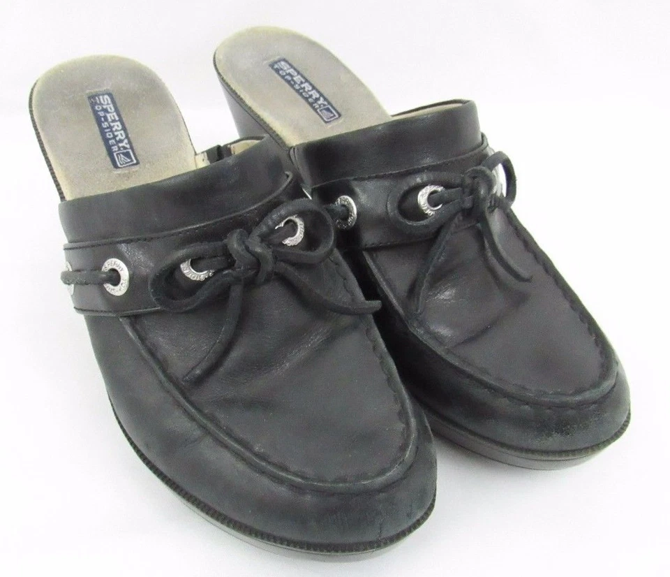 Zapatos Sperry Top Sider para mujer Mocasín Zueco Tacones Cuero Negro Lazo Talla 7 M Foto 2 de 4