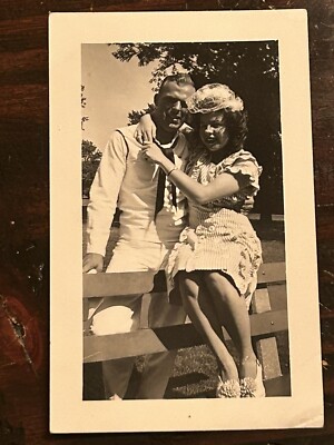 Vtg Black White Photo Handsome Sailor Girlfriend Park Bench 1C44