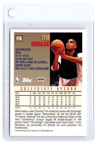 1997-98 Topps Base Set Rookie RC #115 Tim Duncan San Antonio Spurs - Picture 2 of 2