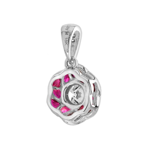 18K White Gold Natural Diamond and Ruby Art Deco Style Red Rose Pendant - Picture 5 of 12