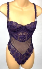 Vintage Victorias Secret Teddy Sheer Lace Stretch Bodysuit Lingerie Purple 