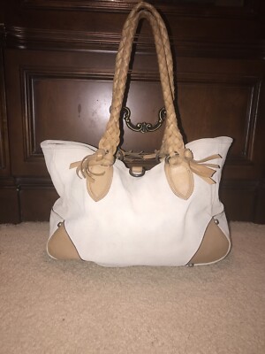 FALOR Large Suede Italian Handbag Light Taupe with Tan Braided Straps Tote Purse