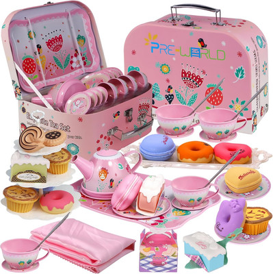 Tea Party Set for Little Girls, Princess Tea Time Toy Including Dessert,Cookies,