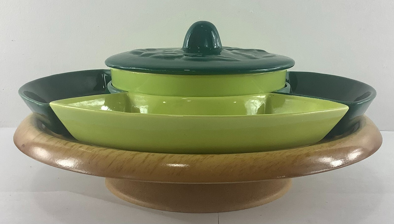 Mid Century Modern Lazy Susan Light & Dark Green Chip & Dip Appetizer Platter