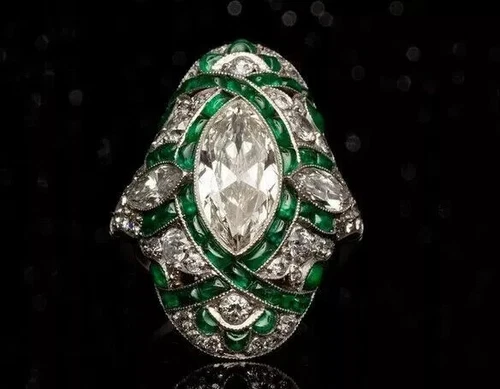 Marquise Art Deco Style Lab Created Diamond &Emerald Ring 14K White Gold Finish