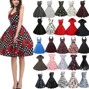 Damen Rockabilly Kleid 50er Swing Petticoat Vintage Hepburn Beilaufig Tanzkleid Ebay