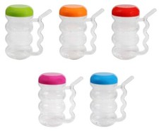 SET OF 5 Plastic Sip-A-MUG with Built-In straw, 14 Oz/414 mL CLEAR WIT COLOR TOP