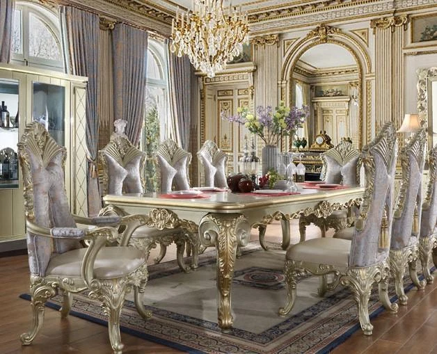 9 PC Traditional Formal Dining Set Satin Gold Finish Silk Fabric