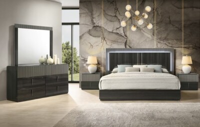 SALE Modern Italian 4PC LED Gloss Black Queen King Bedroom Set Contemporary