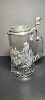Vintage DOMEX Etched Glass 6.75'' Beer Stein Eagle Scene Pewter Lid Eagle Head