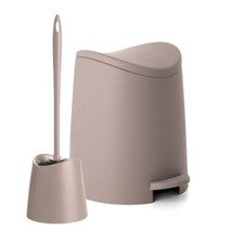 Small Taupe Plastic Bathroom Set- 3 qt Trash Can  Toilet Bowl Brush with Holder