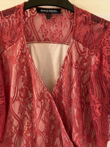 Jealous Tomato Crop Top Rust Soft Lace BatwingSleeves Size Med.Snap Front - Picture 2 of 7