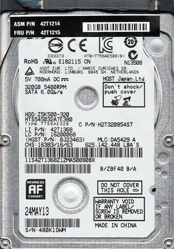 HGST ZK500-320 HTS545032A7E380 320GB 2.5" 5.4K SATA-3 HDD SLIM 7mm