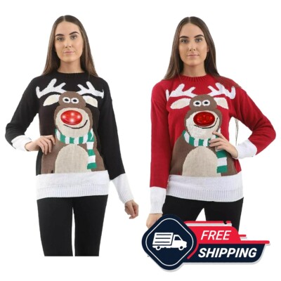 Womens 3D Rudolph Nose Christmas Jumper with LED Flashing Light Lady Xmas  Party UK