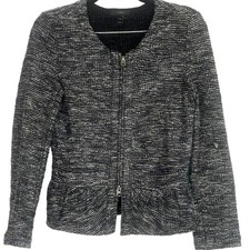 J. Crew Peplum Boucle Tweed Zip Up Blazer Scoop Neck Pockets Zip XS Black Grey