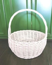 16" Wide XL Basket White Wicker Round w Handle Vtg Exc