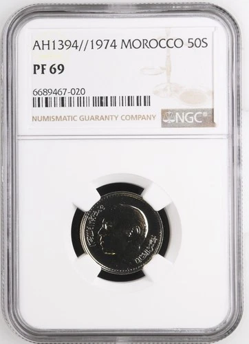 1974 Morocco 50 Santimat AH1394 Copper-nickel Centimes Hassan II NGC PF 69