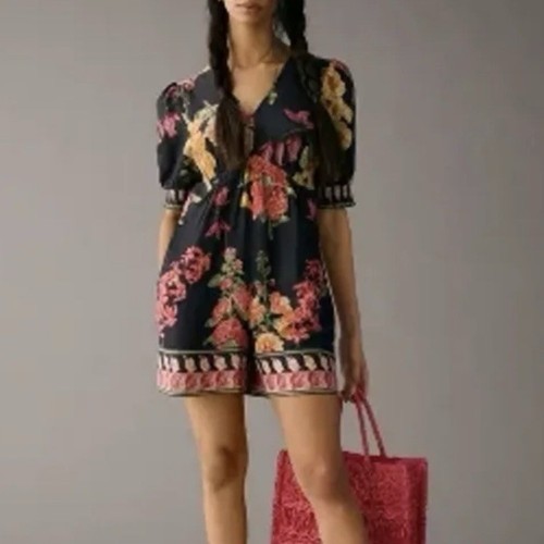 New Anthropologie Ranna Gill Romper Size XL Floral Linen Blend V-neck Pockets