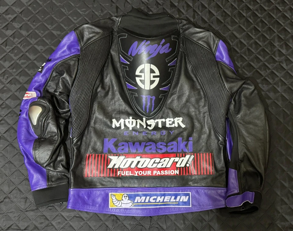 川崎怪物摩托车牛皮摩托车运动赛车夹克 — 第 2/4 张图片