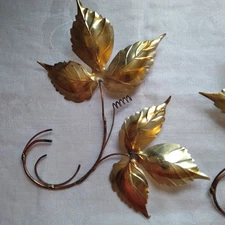 VTG MCM Pair Of 3 Gold Tone Metal Leaves On Copper Stems Hanging Fall Decor 8x6