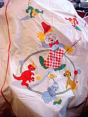 VTG Baby Appliqued Quilt Top Circus Clown Elephant Monkey Zebra Balloons