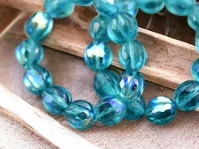 10mm Dark Aqua AB Faceted Round Melon Czech Glass Beads 12 Beads