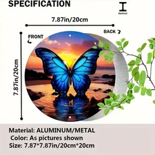 1pc Large 7.8-Inch Round Metal Wall Decor - Elegant Iridescent Blue Butterfly &